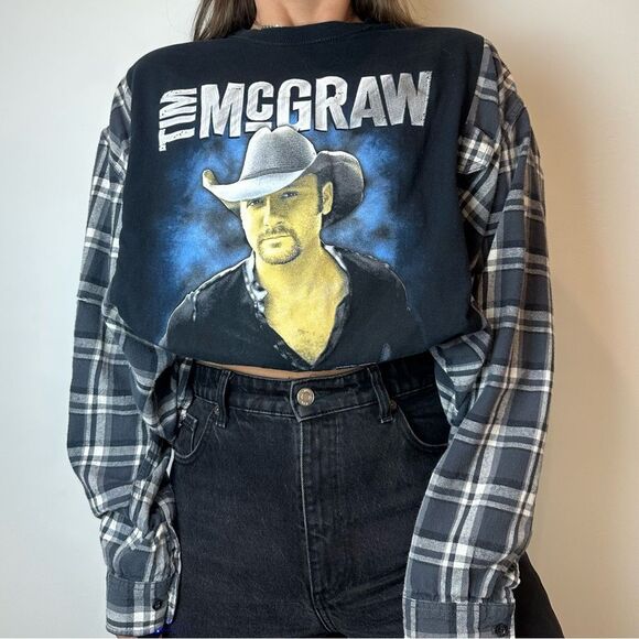 Reworked Tim McGraw Luke Bryan Tour Band Tee Full Length Flannel Shirt Top - Picture 3 of 4